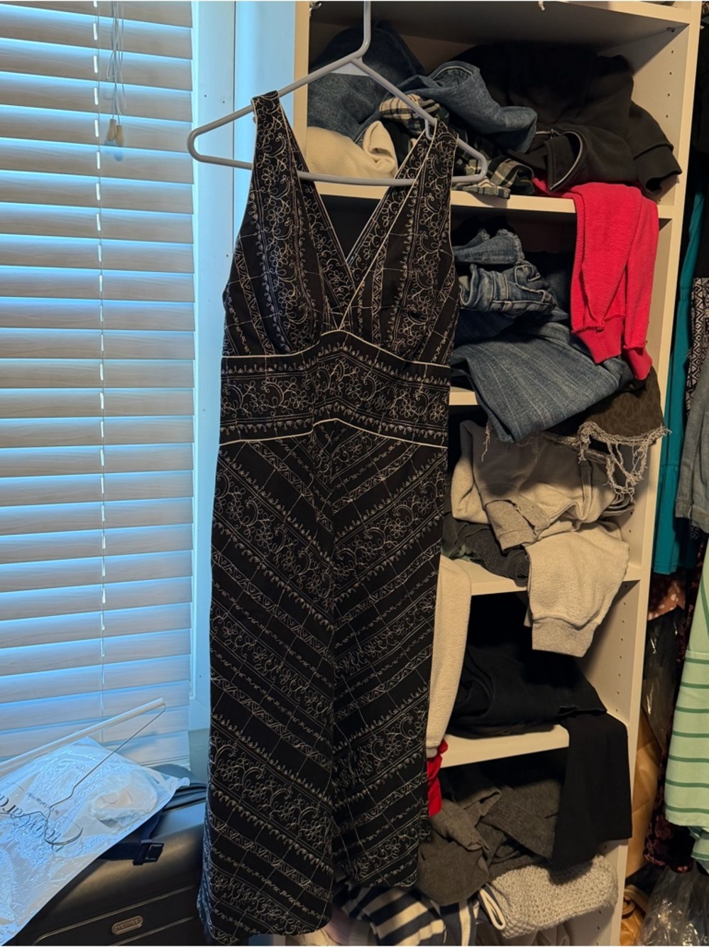White House Black Market Black Patterned V-Neck Midi Dress